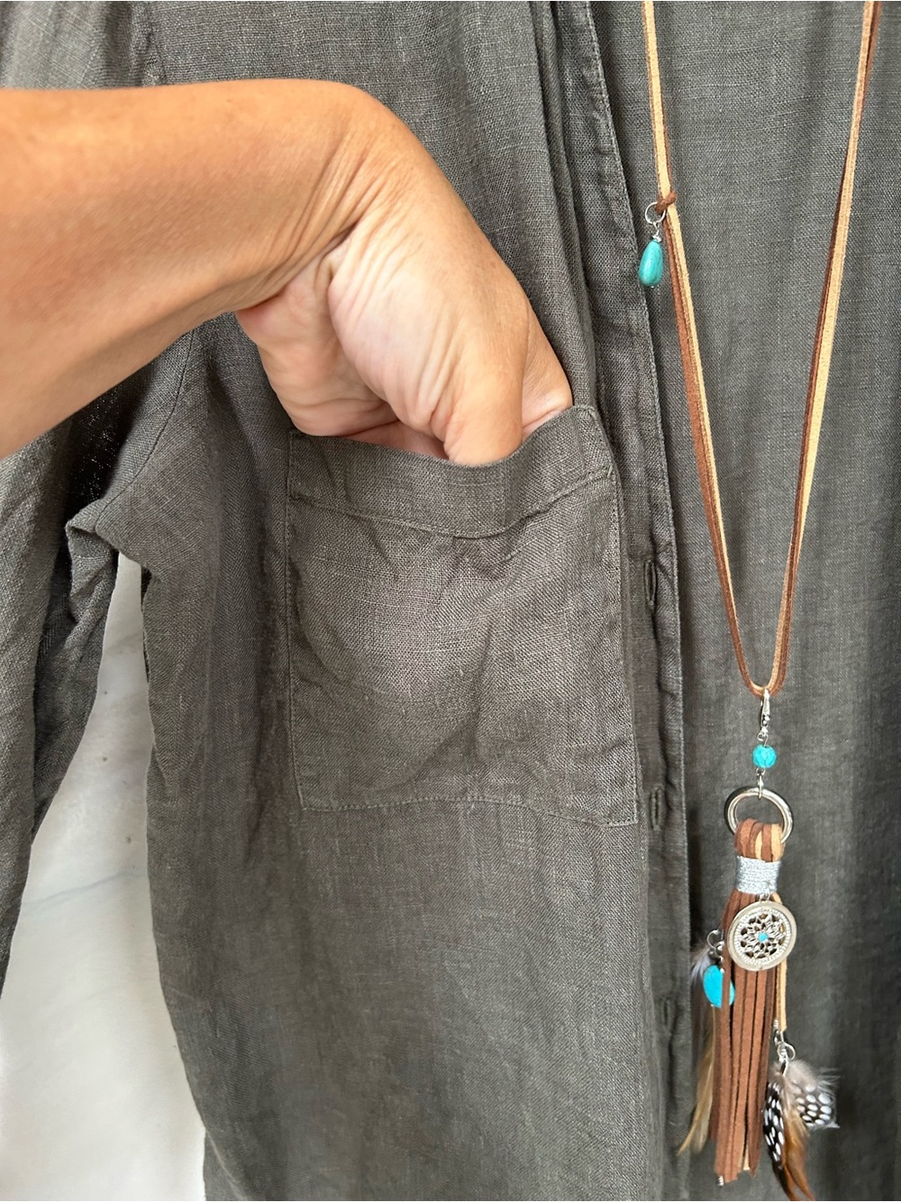 Zara Linen Olive Green Lightweight boho shirt w resort vacay beach country vibe - Picture 2 of 15